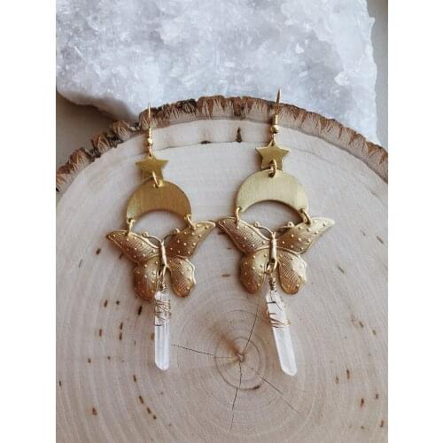 Butterfly Earrings Celestial Earrings Clear Quartz Earrings Moon and Star Earrings Witchy Gypsy Earring