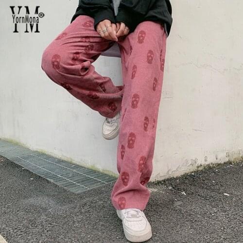 YornMona Y2K Pants E Girl Pink Trousers Women Skull Long Corduroy Pants Streetwear Female Sweatpants Spring Lady Bottoms