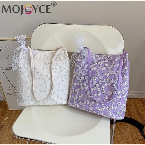 Handmade Shoulder Bag Summer Casual Bags Vintage PU Leather Shoulder Tote Bag Women Daisy Flower Large Bucket Handbags