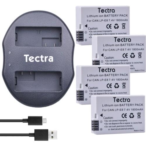 Tectra 4PCS LP-E8 LPE8 LP E8 Li-ion Bateria + USB Dual Charger for Canon EOS 550D 600D 650D 700D X4 X5 X6i X7i T2i T3i T4i T5i