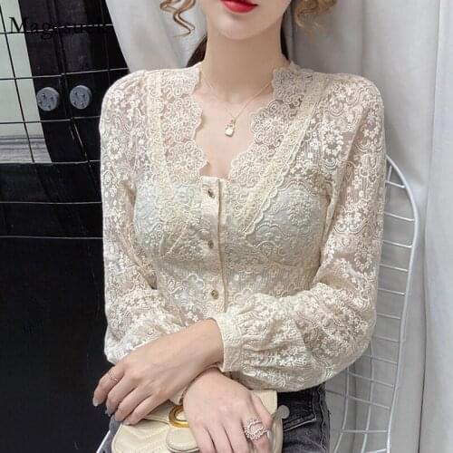 Spring V-Neck Sexy Women Tops Hollow Lace Long Sleeve Blouse Women Apricot Shirt Slim Short Clothing Blusas Mujer De Moda 14187