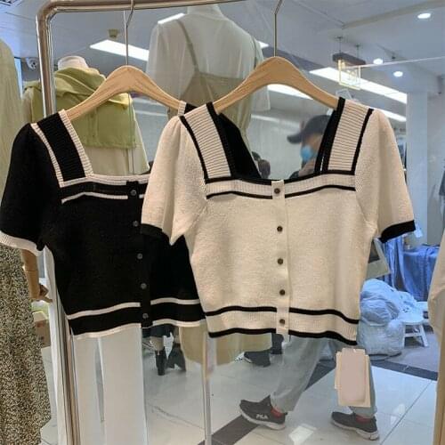 Woman TShirts 2021 Summer Square Collar Short Sleeve Black T-shirt Knitwear Top Female Crop Top Mujer Camisetas