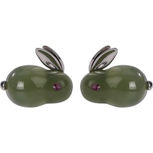 S925 sterling silver natural Hetian sapphire retro simple cute wild rabbit lady silver earrings