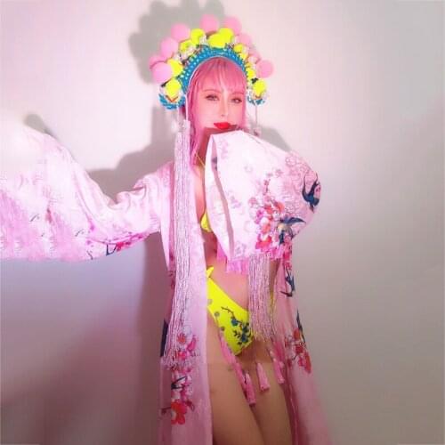 Pink Yellow Bikini Opera Chinese Style Performance Costume Gogo Costumes Girl Clothing Stage Outfits Festival Clothes XS2060