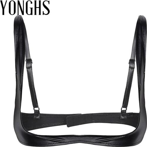 Womens Erotic Lingerie Cupless Shelf Bra for Sex Faux Leather Adjustable Wire-free Open Cup Shelf Bra Exposed Breasts Nipples