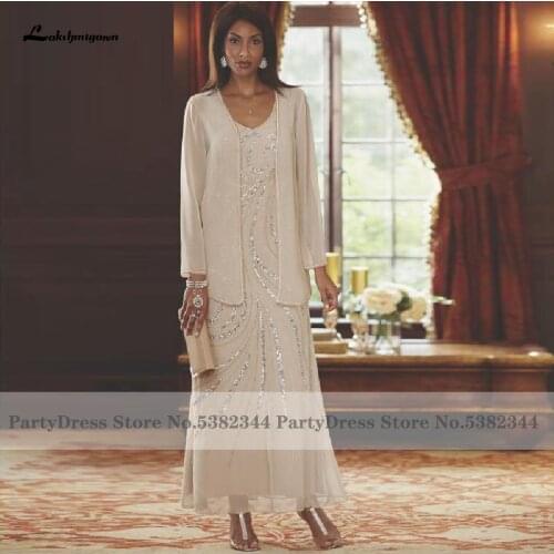 Lakshmigown Elegant Champagne Beads Mother Of The Bride Dress Detachable Coat 2020 Robe Longue Arabic Women Plus Evening Dress