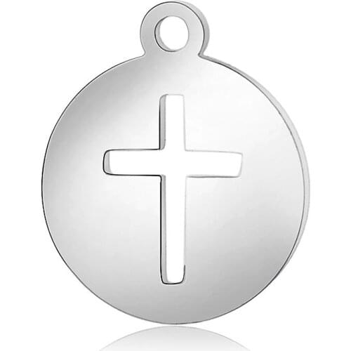 10pcs/lot 12*14mm Stainless Steel Round Cross Pendant Charm with Hook for DIY Necklace Findings Crafts Jewelry Making Party Gift