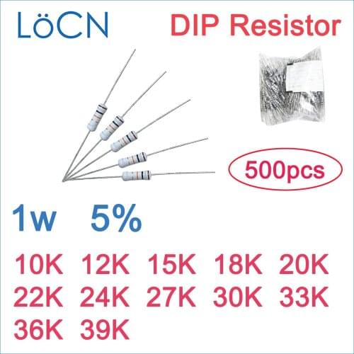 500pcs 5% 1W Carbon Film Resistor DIP 10K 12K 15K 18K 20K 22K 24K 27K 30K 33K 36K 39K OHM Color ring