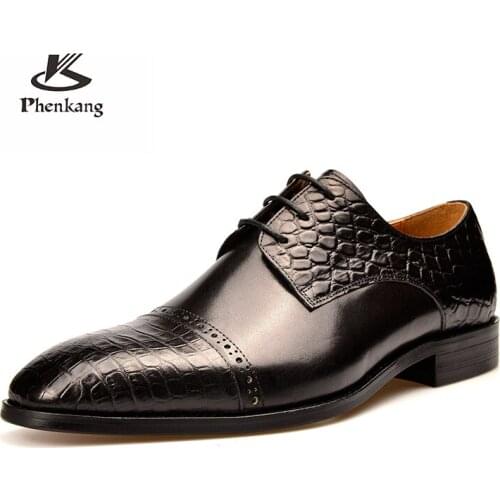 Phenkang Ceocodile Pattern Round Toe Brogues Full Grain Genuine Calf Leather Formal Shoes Mens Dress Slip On Office Shoe