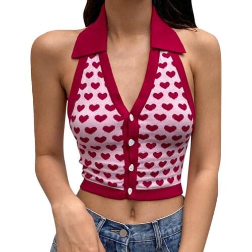 For Y2K Tank Top Printing Halter Neck V Halter Slim Vest V Neck Vest Women Sleeveless Plaid Knitted Crop Sweaters Casual For Y2k