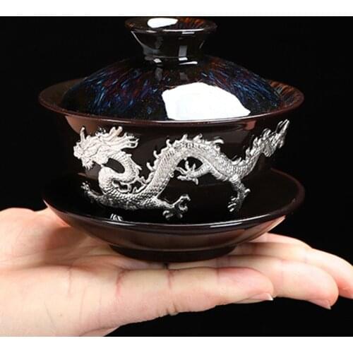 Dragon Silver Inlaid Tea Tureen Hand Made Household Tea Drinkware Bowl Kiln Change With Gold Dragon Gaiwan