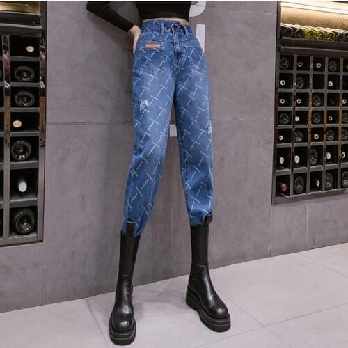 Autumn Letters Jeans For Women High Waist Personality Fashion Straight Denim Pants Ladies Loose Casual Boot Pants Femme Trousers