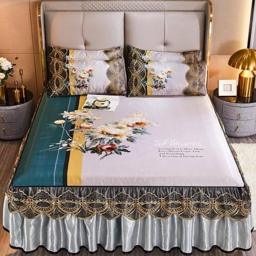 European Summer Bed Cover King Size Luxury Printed Bedskirt Jacquard Lace Cool Bedspread Queen Double Bed with 2 Pillow Cases