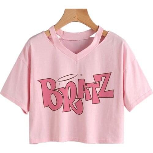 New Pink Summer Bratz Letter T-shirt Women Casual Crop tops Punk Gothic Top Streetwear V-neck short sleeve Harajuku Graphic Tee