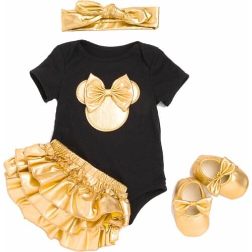 Baby Girls Clothing Sets Cotton Rompers Golden mouse Ruffle Bloomers Shorts Headband Shoes 4pcs Suits Newborn Kids Clothes