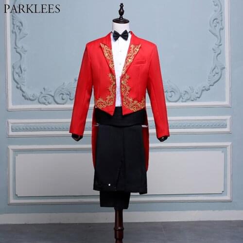 Mens Gold Embroidery 4 pcs Red Tuxedo Suit (Jacket+Pants+Blet+Tie) Brand Conductor Magician Pianist Prom Tailcoat Suit Men Terno
