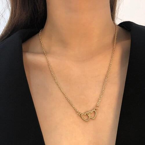 Lalynnly Vintage Double Heart Pendant Necklace Fashion Gold Color Choker Chain Necklace Jewelry Chic Women Jewelry Gift N7858