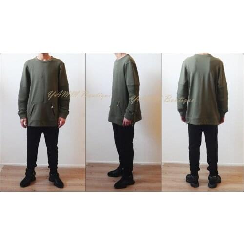 Mens Dark Biker Moto Crewneck Terry Kangaroo Zipper Pocket Side Zipper Sweatshirt Hoodie - Pintuck on the Sleeves for Men