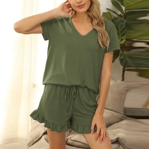 Ruffle Pajamas For Sleep Ladies Solid Sleepwear V-Neck Short Sleeved Shorts Sports Leisure Home Suit Ensembles De Pyjama