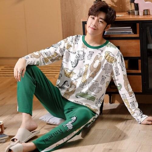 Pajama Set Men O-neck Long Sleeve Striped Comfortable Warm Cotton Mens Pajamas Plus Size XXXL Korean Style Home Clothing Casual