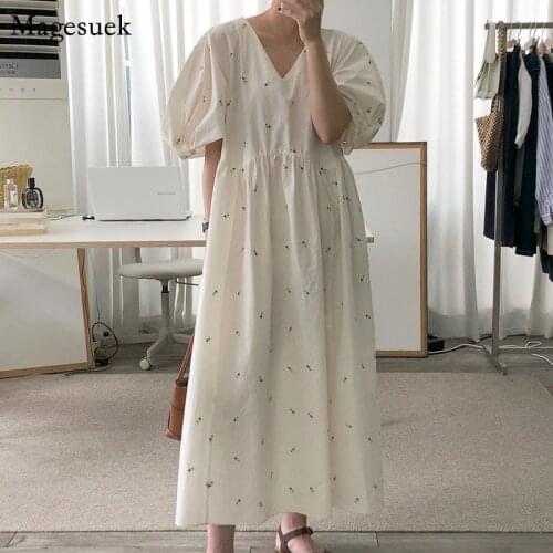 Floral V-neck Long Dress Elegant Embroidery Plus Size Loose Summer Dress Vintage Puff Sleeve Women Ladies Dresses Vestidos 13845