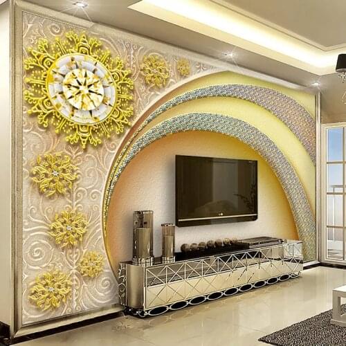 Custom European Diamond Arch Golden Flowers Waterproof Wall Cloth Living Room Room Background Wall Decoration Wallpaper 3D Mural