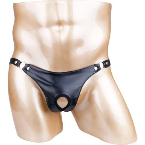 Sexy Mens Wetlook Leather Lingerie Sissy Panties Open Butt Thong Erotic Underpants Micro Bikini Gay Underwear with Penis Hole