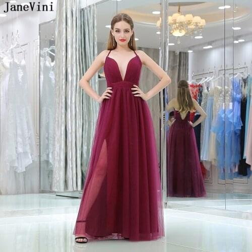 JaneVini Sexy Deep V Neck Burgundy Long Bridesmaid Dresses Floor Length Backless Tulle A Line Cheap Dresses for Women In Stock