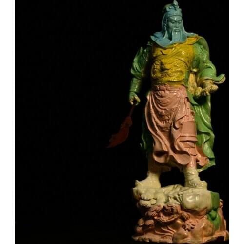 10"China Lucky Old Boxwood Painted Hand-carved Guan Yu Guan Yu Kuan Standing statue Office Ornaments Town House Exorcism