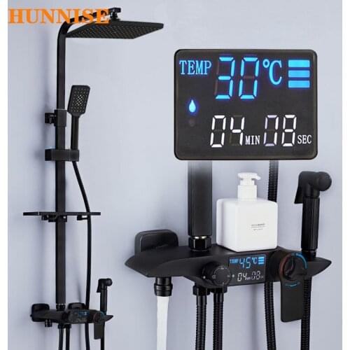 Thermostatic Shower Set Luxury Black Bronze Bathroom Mixer Faucet Rainfall Hand Shower Head Intelligent Digital Shower Set