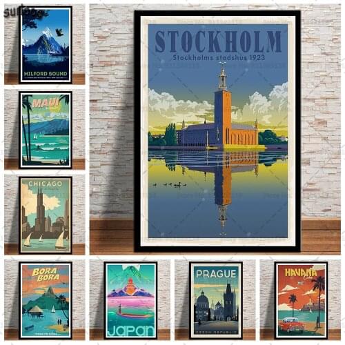 Vintage Travel World City Stockholm Bora Maui Landscape Poster Print Wall Art Canvas Painting Picture for Living Room Home Decor