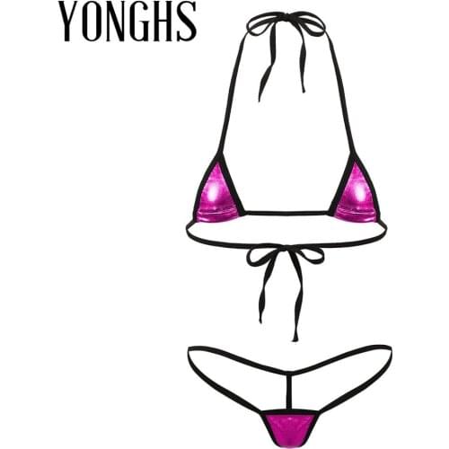 Womens Mini Bikini Erotic Lingerie Set for Sex Shiny Metallic Halter Neck Tie-on Bra Top with G-String Thong Briefs Underwear