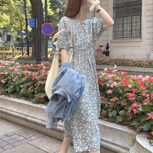 2021 Summer Beach Maxi Dress For Women Floral Print Long Ruffled Dress Short Puff Sleeve Ruffles Wrap Casual Party Dresses
