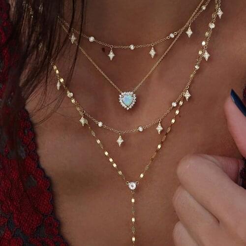 Fashion Boho Vintage Gold Necklaces For Women Heart Shape Crystal Star Pendant Necklace Multilayer Female Jewelry Valentine Gift