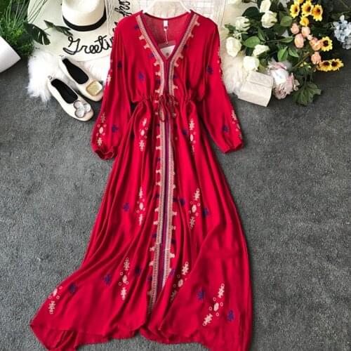 2019 Women Summer Bohemian Dress V-neck A-line Ankle-Length Empire Embroidery Cotton Red Long Vestidos with Sashes Plus Size 3XL