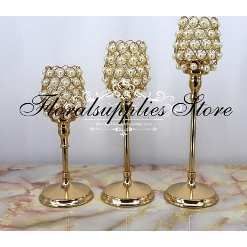3 Sizes per set Elegant Pearl Bead Candle Holder Gold Candlestick Wedding Decoration Anniversary Ceremony Party Decor