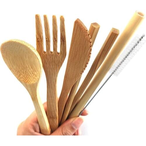 5pcs Portable Bamboo Flatware set include 20cm Spoon Fork Knife Bamboo Straw and cleaning brush Wooden cutlery set Natural