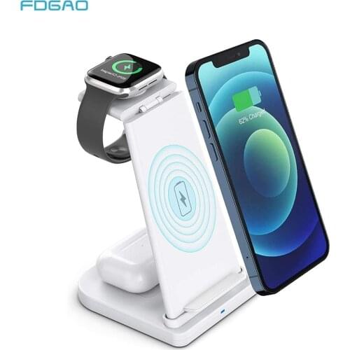 FDGAO 20W Fast Charge 3 in 1 Qi Wireless Charger Stand Dock Station for iPhone 12 11 XS XR X 8 Apple Watch 6 5 4 3 2 Airpods Pro