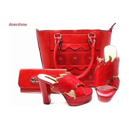 Doershow New Arrival African Wedding Shoes and Bag Set red Color Italian Shoes with Matching Bags Nigerian Women party!HBR1-1