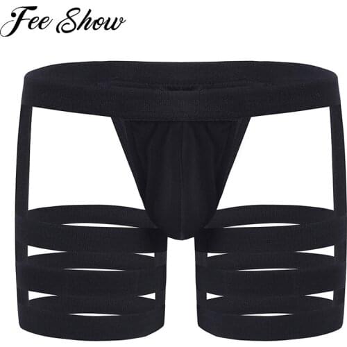 Gay Men Erotic Lingerie Bikini Briefs Underwear Underpants Elastic Waistband Hollow Out Sissy Panties with Bulge Pouch Garters