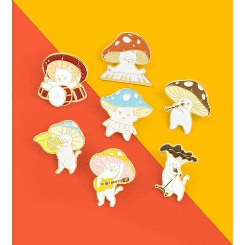 Mushroom Enamel Lapel Pins Cat Playing Music Brooches Dacing Cat Badges Guitar Drum Saxophone Electronic Organ For Women Jewelry