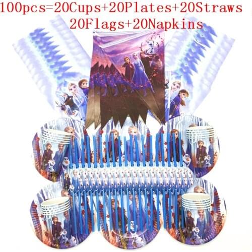 60/90/100PCS Happy Birthday Kids Cartoon Frozen II Anna Elsa Baby Shower Party Decoration Set Banner Straws Cups Plates Supplies