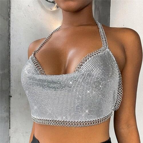 Metal Sequins Halter Vest Sexy Pole Dance Costume Performance Stage Wear Rave Clothes Nightclub Gogo Jazz Dancing Clothes YS2014