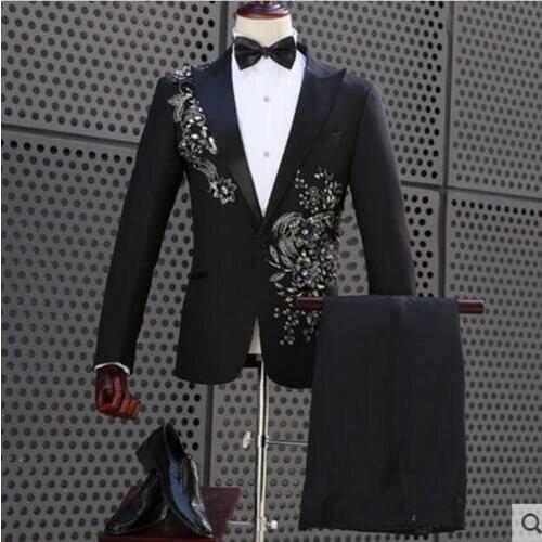 Fashion Men Black Suits Sequins Flower Embroidery Blazer Pants Set Male Singer Stage Costume Celebrate Evening Wear