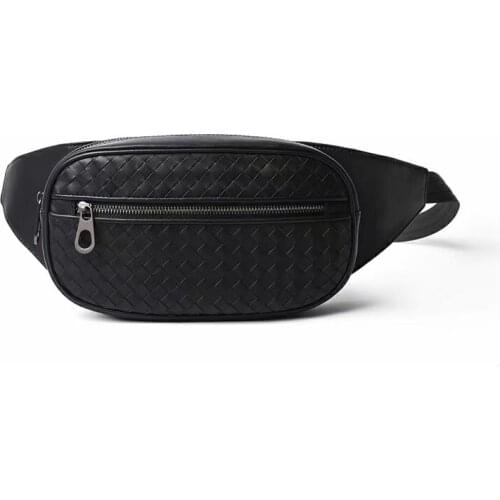 New Style Genuine Leather Woven Waist Bag for Men 100% Calf Leather Classic Chest bag Zipper Large Capacity Cell Phone Pocket