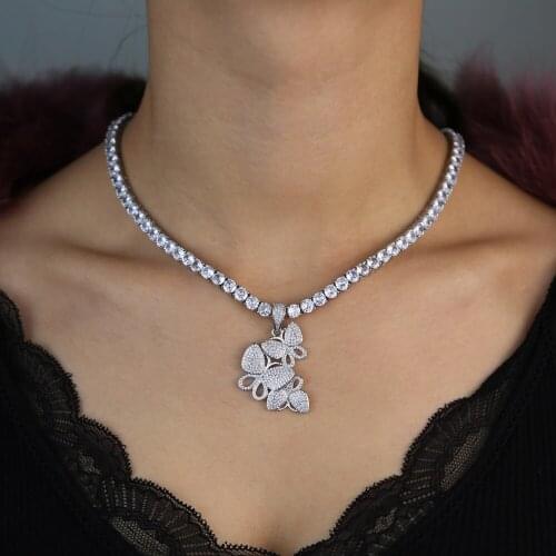 Cute Crystal Shiny 3pcs Butterfly Necklace Pendants Iced Out Cubic Zircon Jewelry Box Chain For Women Girls Valentines Gift