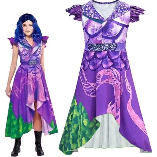 Movie Descendants 3 Evie Cosplay Dress Mal Costume Wig Children Kids Halloween Birthday Party Carnival Costume For Girls