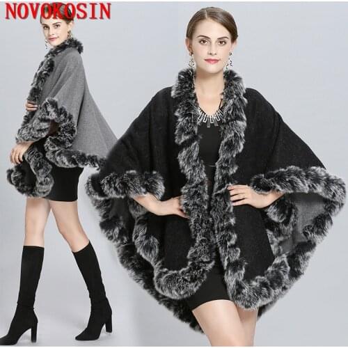 SC249 Winter Cape Thick Black With Red Coat 2019 Poncho Women Double Side Faux Fur Neck Plus Size Big Pendulum Dovetail Cardigan