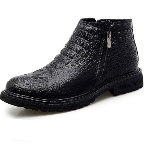New Crocodile Pattern Men Ankle Boots Winter Zipper Genuine Leather Mens Shoes Soft Casual Keep Warm Snow Boots Man Flats