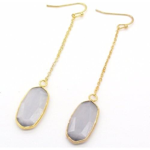 Trendy-beads Light Yellow Gold Color Oval Shape Gray Cat Eye Stone Drop Earrings For Women Long Chain Jewelry
